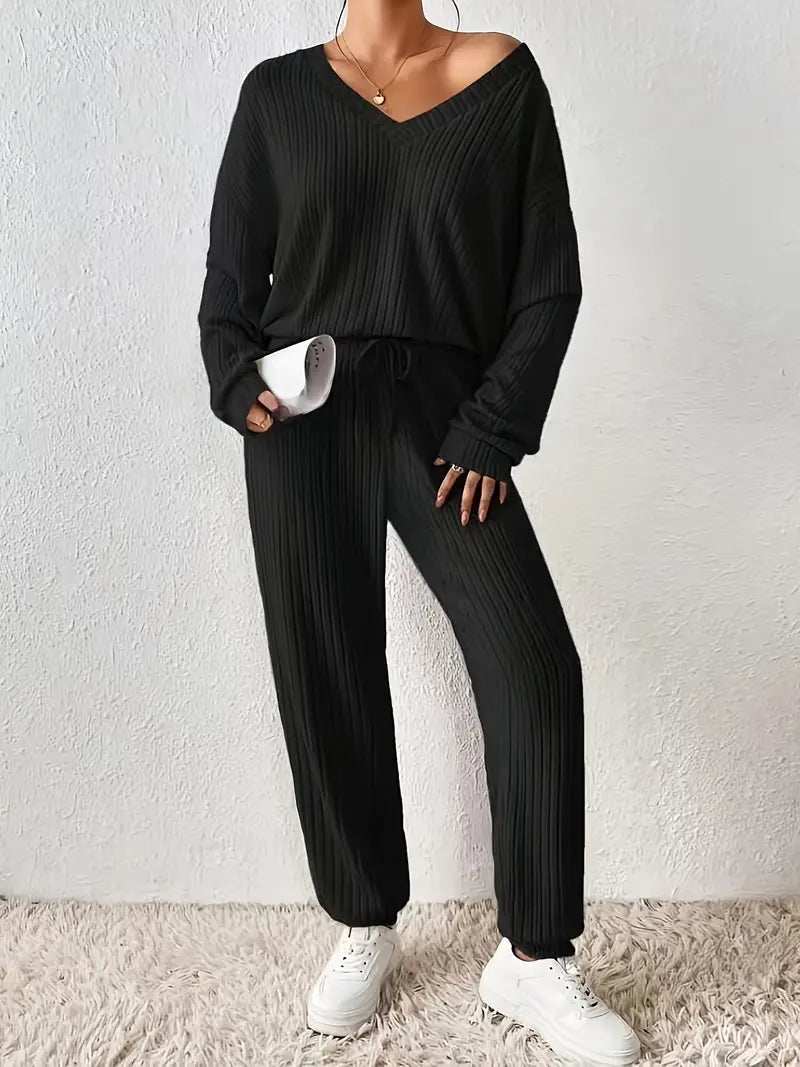 Dames Loungewear Set met V-Hals en Elastische Tailleband met ribbels – Tweedelig