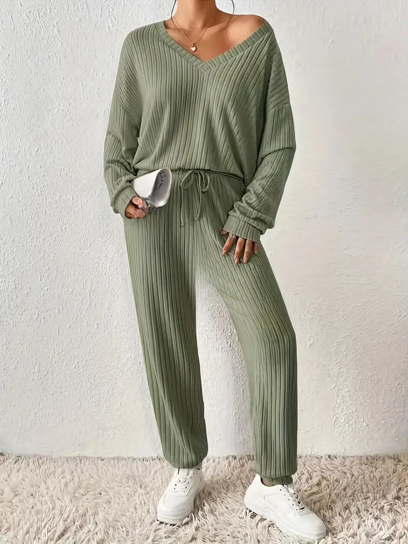 Dames Loungewear Set met V-Hals en Elastische Tailleband met ribbels – Tweedelig