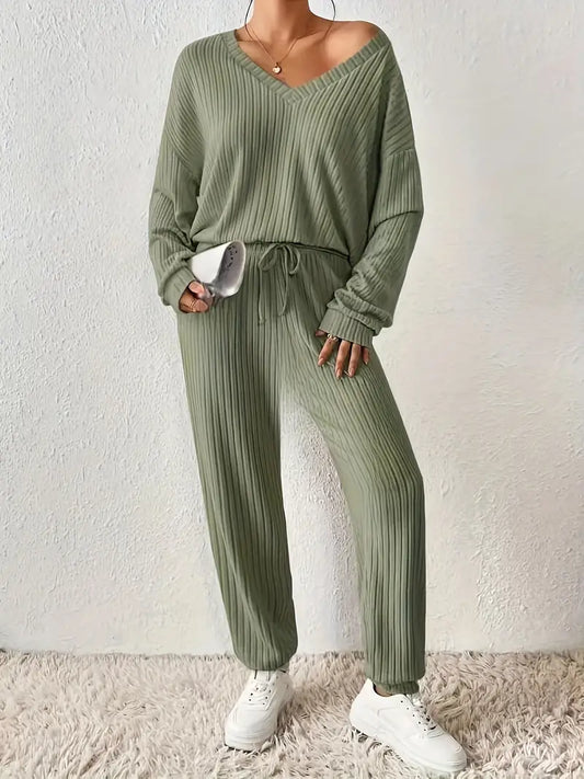 Dames Loungewear Set met V-Hals en Elastische Tailleband met ribbels – Tweedelig