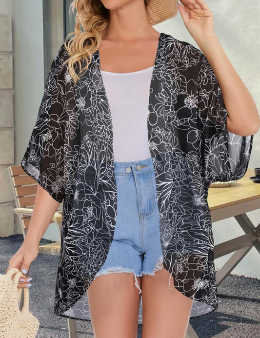 Dames Kimono Vest - Bloemenprint met Pofmouwen - Luchtige Chiffon Blouse Top