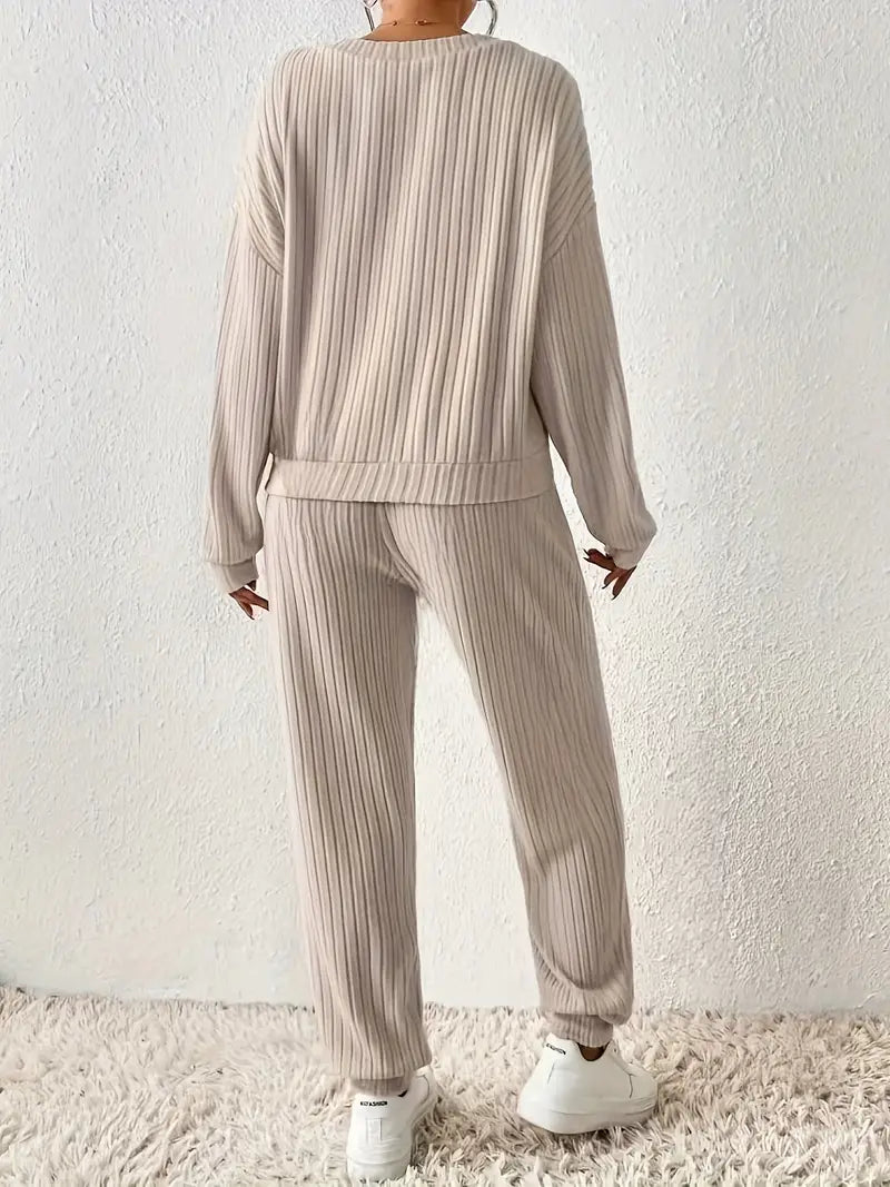 Dames Loungewear Set met V-Hals en Elastische Tailleband met ribbels – Tweedelig