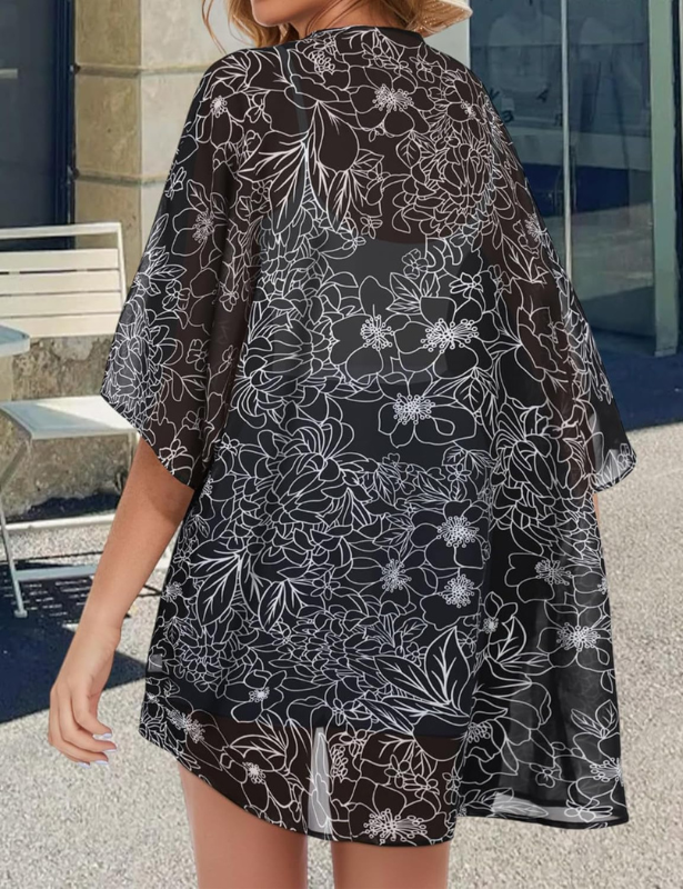 Dames Kimono Vest - Bloemenprint met Pofmouwen - Luchtige Chiffon Blouse Top