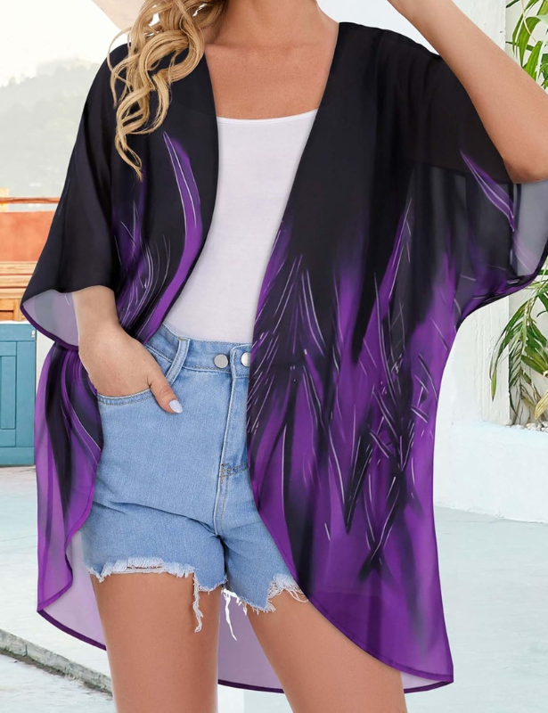 Dames Kimono Vest - Bloemenprint met Pofmouwen - Luchtige Chiffon Blouse Top