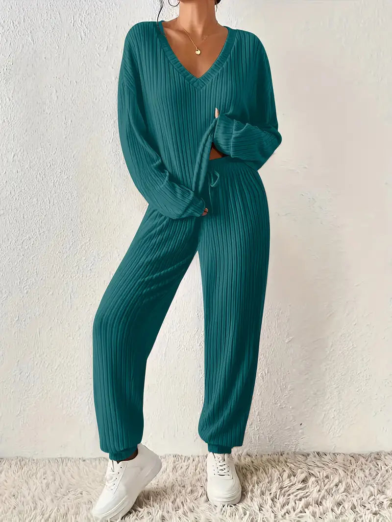Dames Loungewear Set met V-Hals en Elastische Tailleband met ribbels – Tweedelig