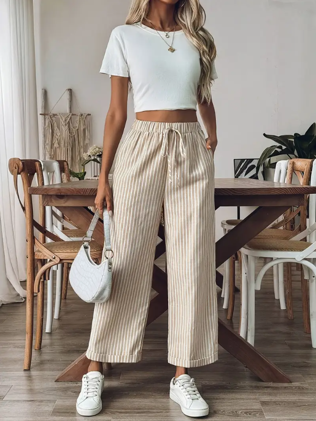 Damesbroek met wijde pijpen en verstelbare taille – beige met bruine strepen