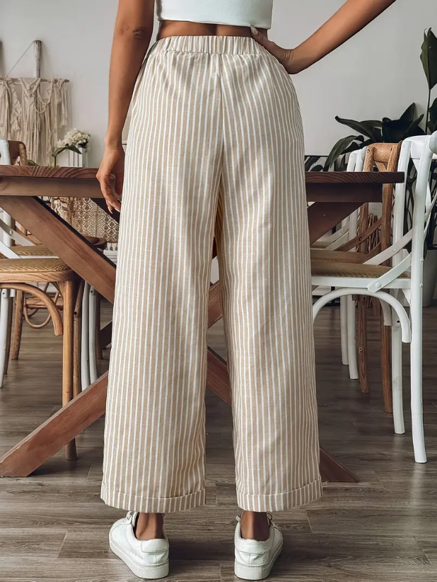 Damesbroek met wijde pijpen en verstelbare taille – beige met bruine strepen