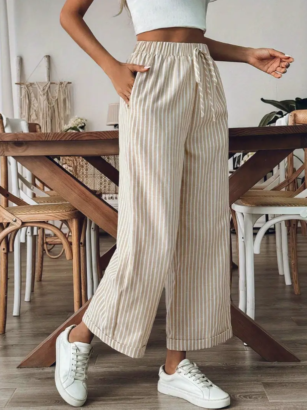 Damesbroek met wijde pijpen en verstelbare taille – beige met bruine strepen
