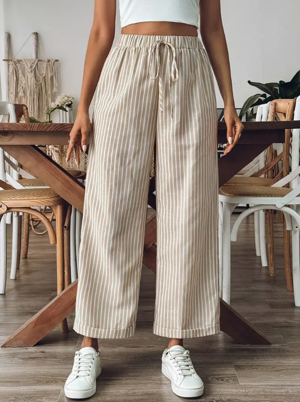 Damesbroek met wijde pijpen en verstelbare taille – beige met bruine strepen