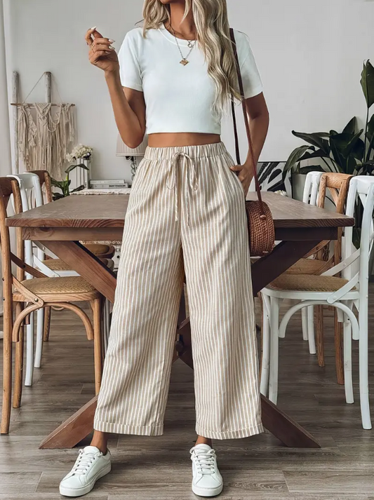 Damesbroek met wijde pijpen en verstelbare taille – beige met bruine strepen