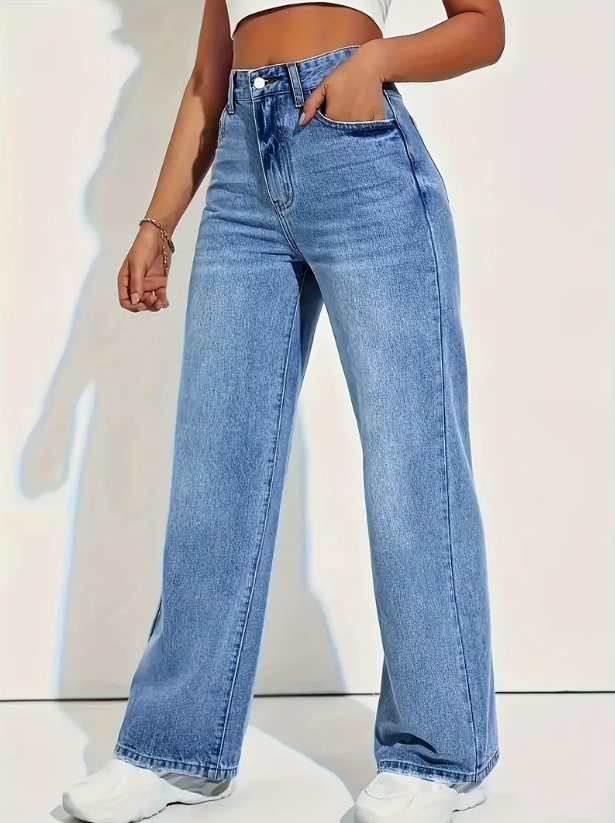 Dames jeans met rechte pijpen en hoge taille – blauw