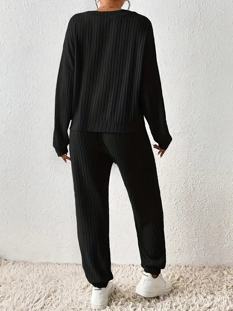 Dames Loungewear Set met V-Hals en Elastische Tailleband met ribbels – Tweedelig