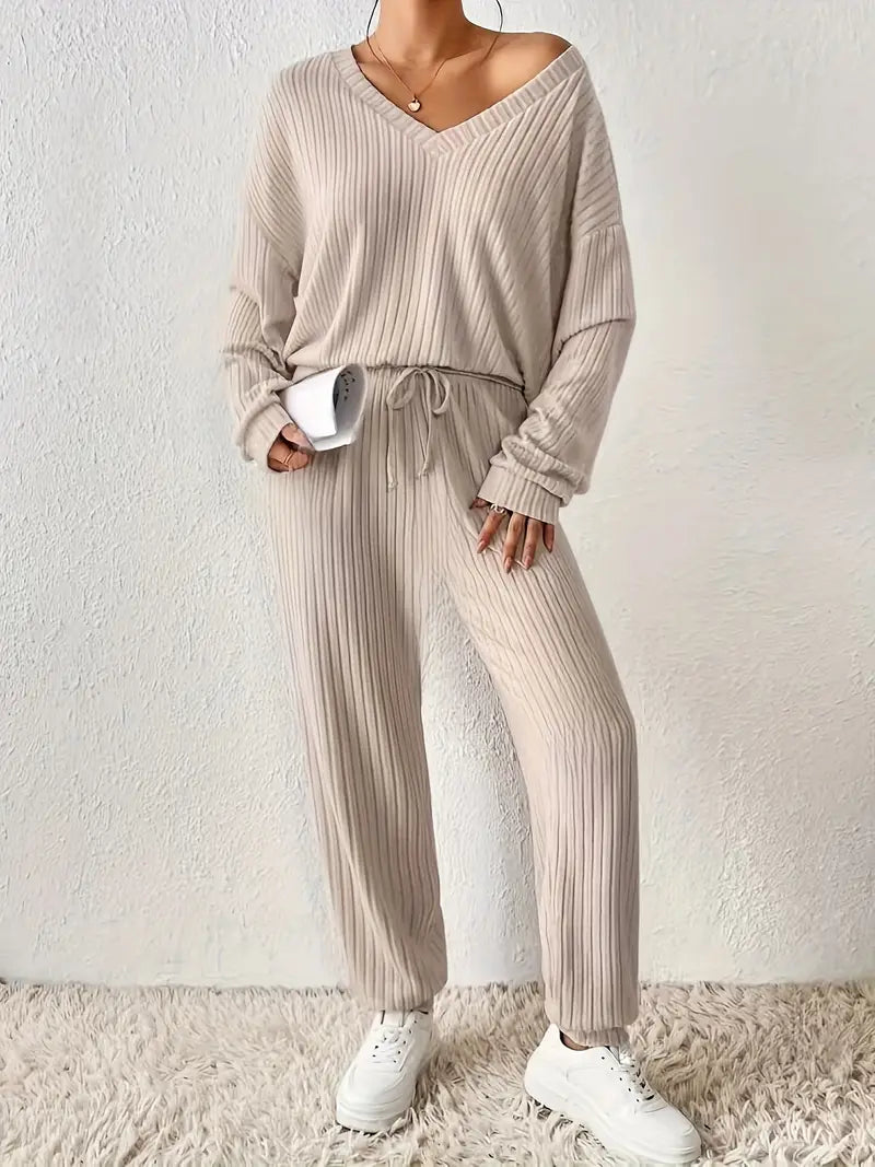 Dames Loungewear Set met V-Hals en Elastische Tailleband met ribbels – Tweedelig